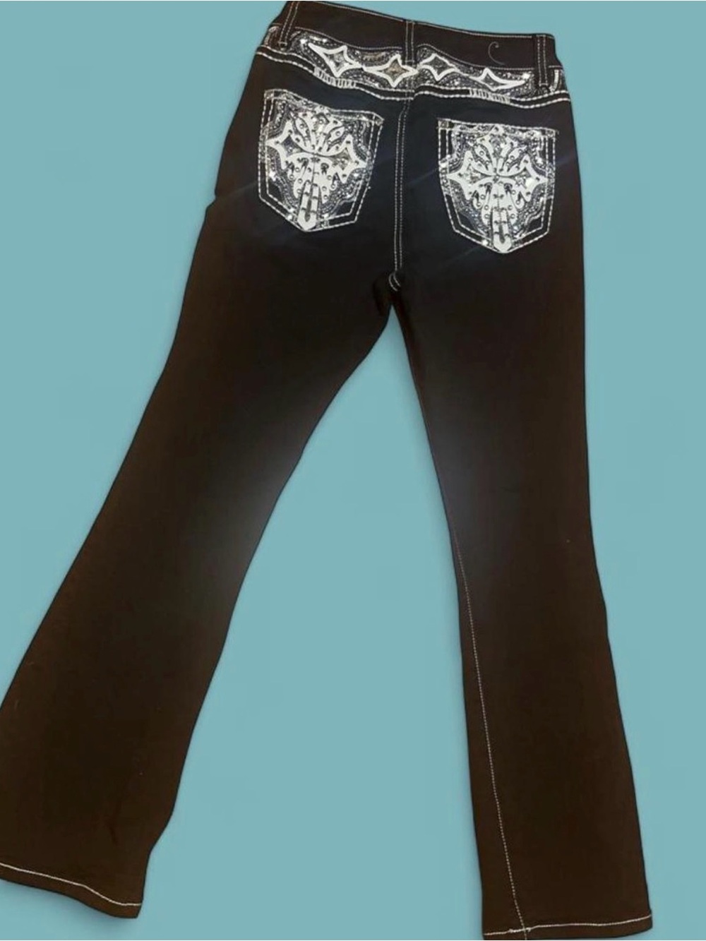 Y2K Black Rhinestone Cross Pocket Flare Jeans White Stitch